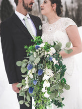 Load image into Gallery viewer, Cascading Greenery Bouquet with Blue and White Flowers

