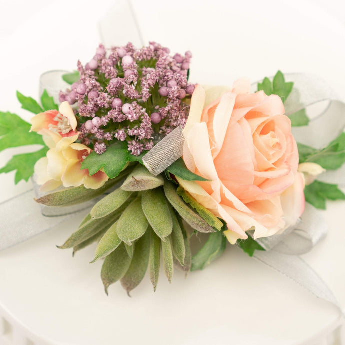 Peach and Lavender Flower and Succulent Wrist Corsage