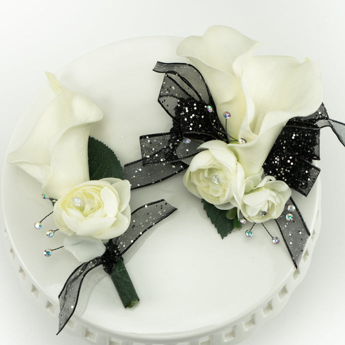 White Mini Calla Prom Wrist Corsage and Boutonniere with Choice of Ribbon Color