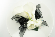 Load image into Gallery viewer, White Mini Calla Prom Wrist Corsage and Boutonniere with Choice of Ribbon Color
