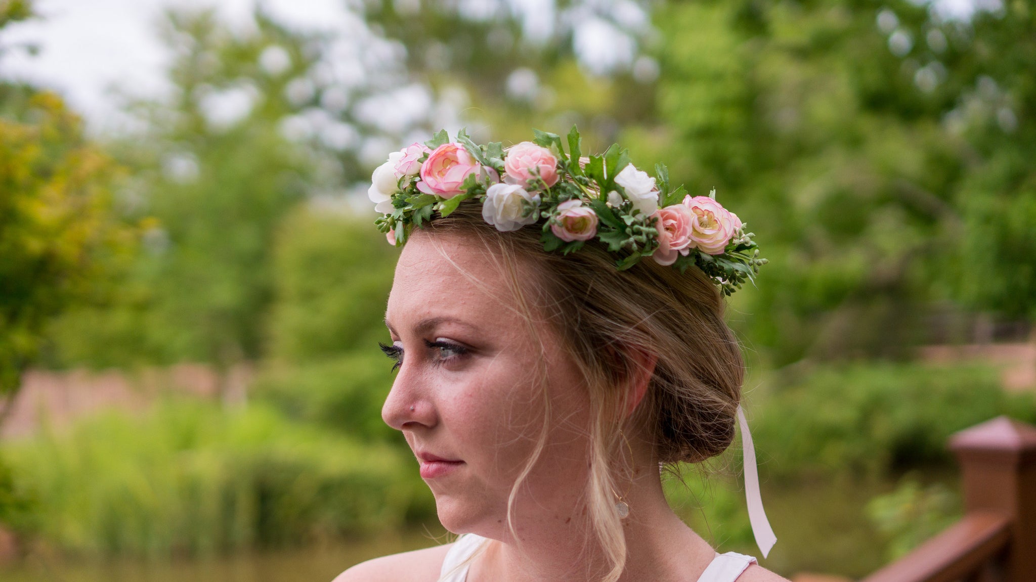 Peach, pink outlets and ivory floral crown