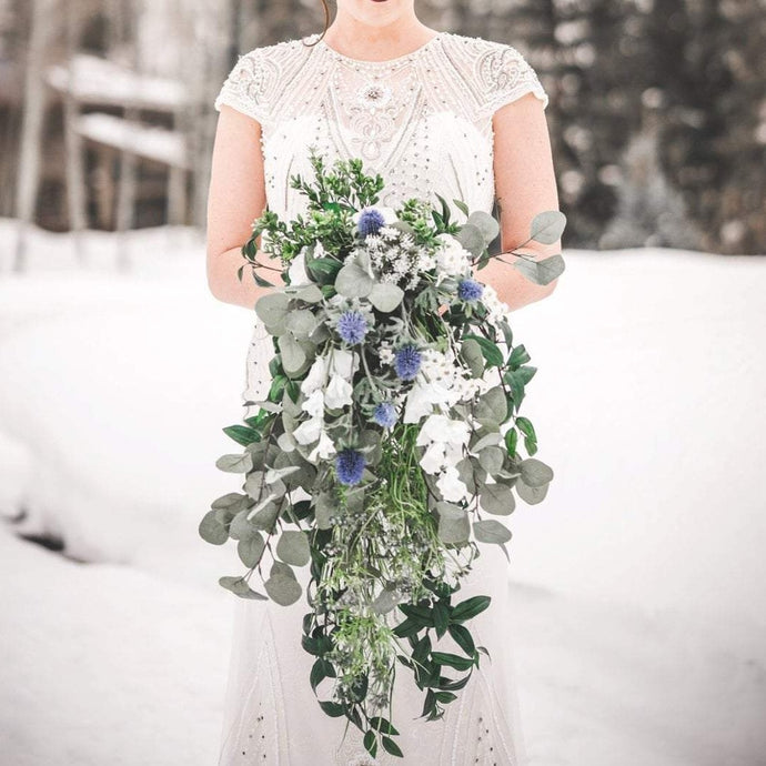 Cascading Greenery Bouquet with Blue and White Flowers