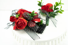 Load image into Gallery viewer, Red and Black Prom Corsage on Black Beaded Wristlet
