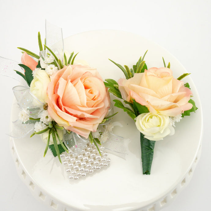 Peach Wrist Corsage and Boutonniere for Prom