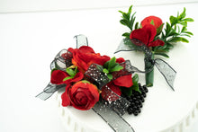 Load image into Gallery viewer, Red and Black Prom Corsage on Black Beaded Wristlet
