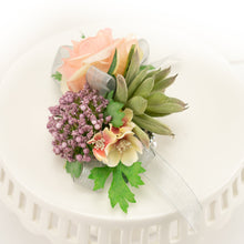 Load image into Gallery viewer, Peach and Lavender Flower and Succulent Wrist Corsage
