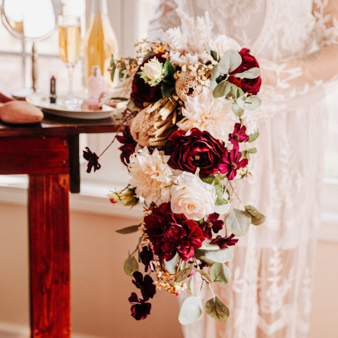 Burgundy and Ivory Cascading Bouquet